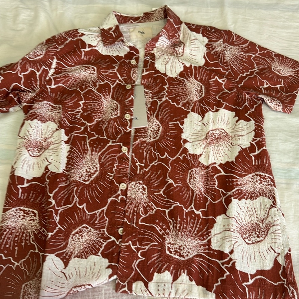 Folk lien blend short sleeve shirt for men size S color brown and white.